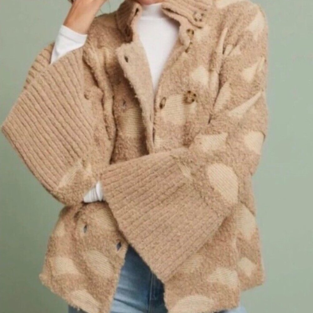 Anthropologie Rosie Neira Intarsia Wool Blend Double Breasted Cardigan Beige‎ SM